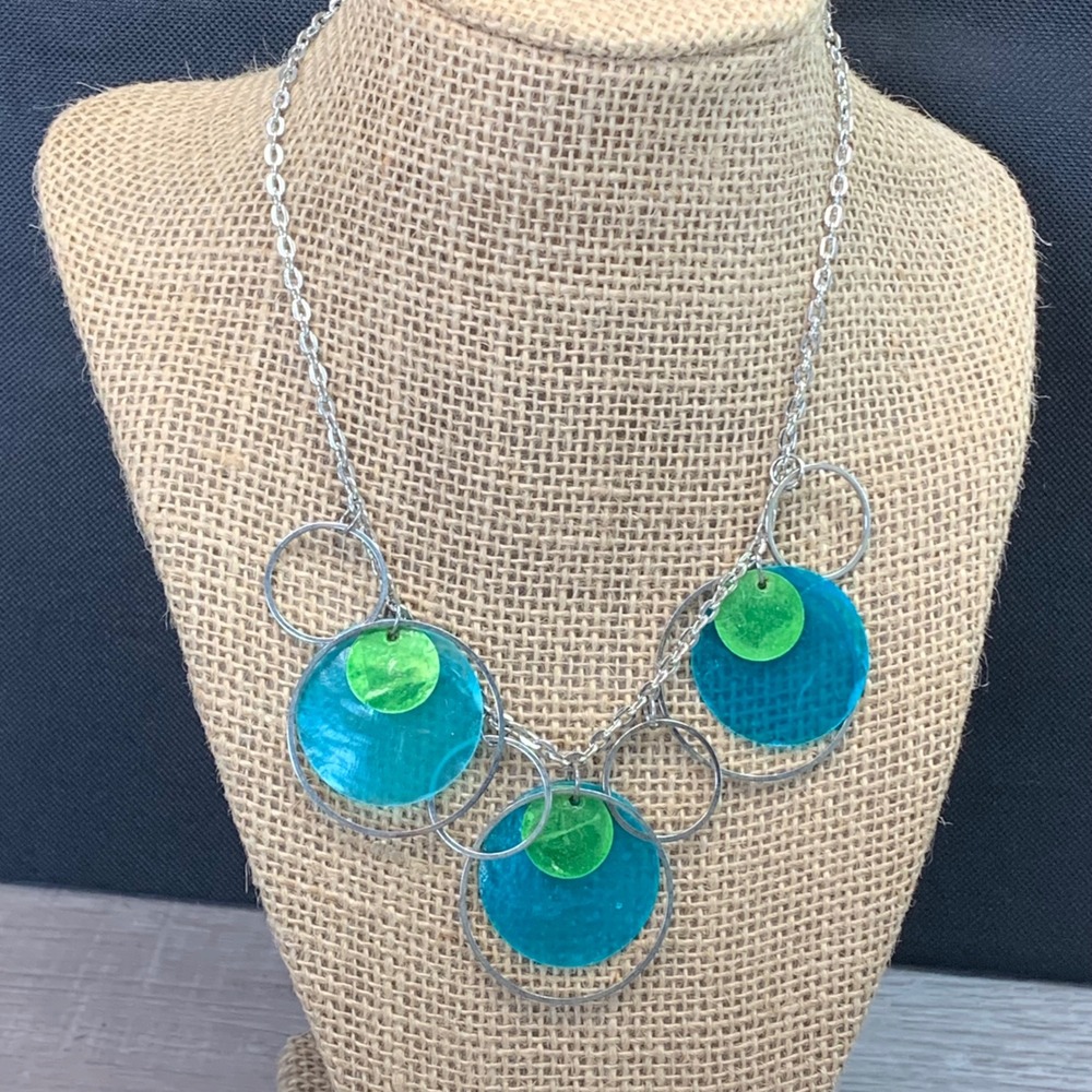 Silver Tone Teal Lime Green Circle Bib Necklace 16 Inch Statement Jewelry